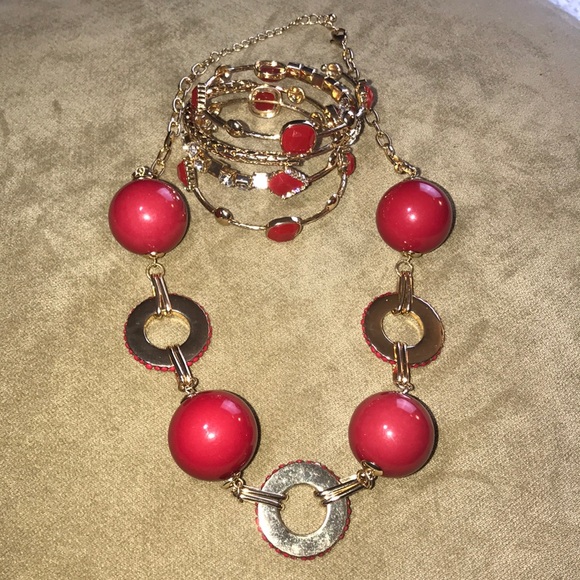 Red CZ Diamond Gold Spiral Bracelet & Necklace Set - Picture 7 of 9